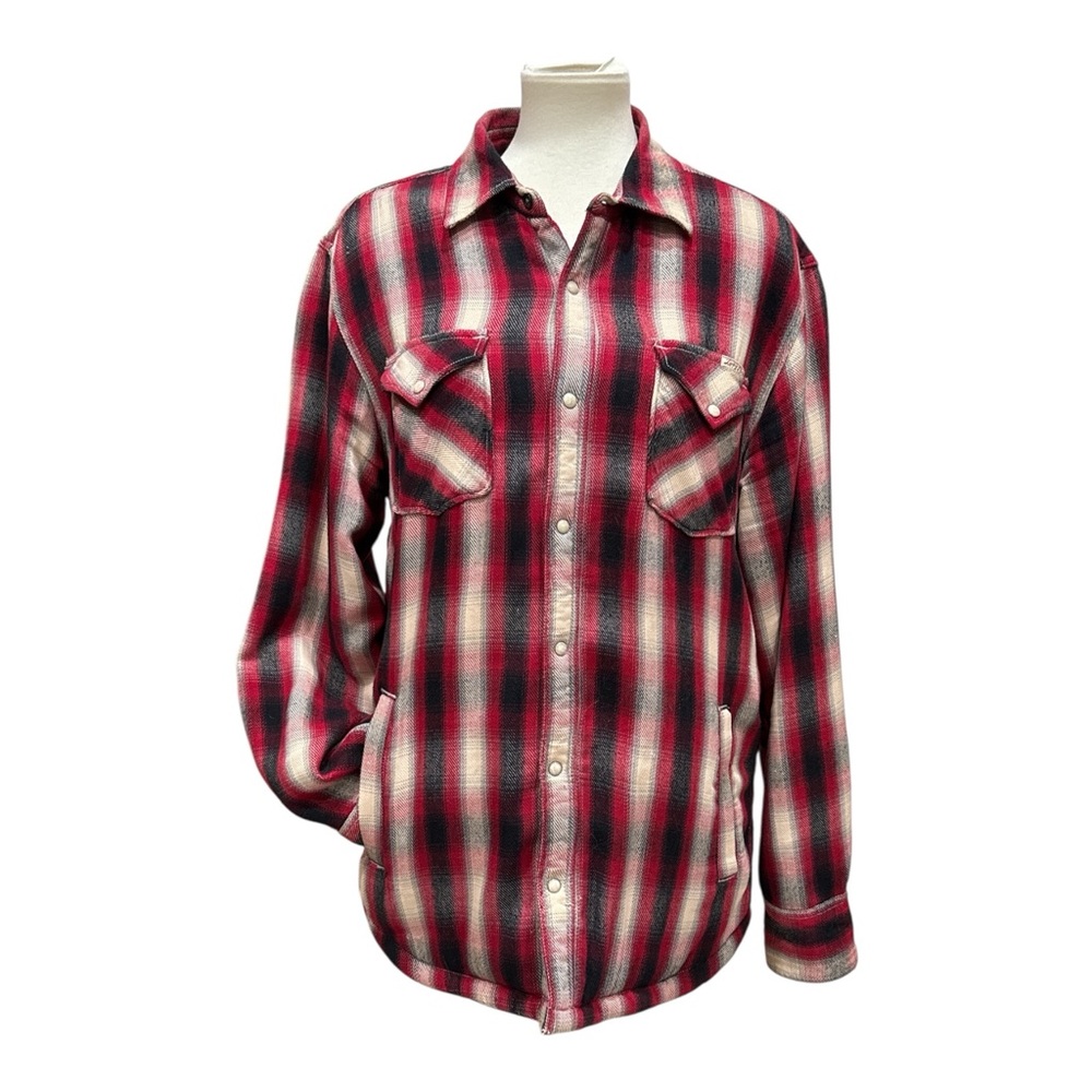Lucky Brand Womens Trucker Jacket Plaid Sherpa Lined Snap Front Shacket Size L
